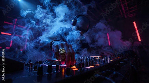 DJ Playing Music at Nightclub with Smoke and Neon Lights