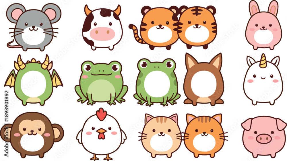 Fototapeta premium Cute round animal character vector set with hamster, cow, tiger, rabbit, frog, unicorn, chicken, cat, dog, pig, and kawaii cartoon mascots