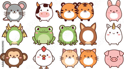 Cute round animal character vector set with hamster, cow, tiger, rabbit, frog, unicorn, chicken, cat, dog, pig, and kawaii cartoon mascots