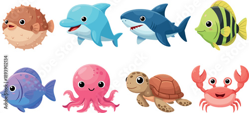 Cute sea animal vector set with dolphin, shark, octopus, turtle, crab, tropical fish, and colorful underwater cartoon creatures
