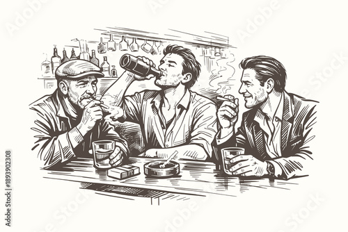 Vintage Hand Drawn Engraving Style Vector Illustration of Friends Drinking and Smoking Cigars in a Bar Pub Social Setting with Realistic Line Art Detail.