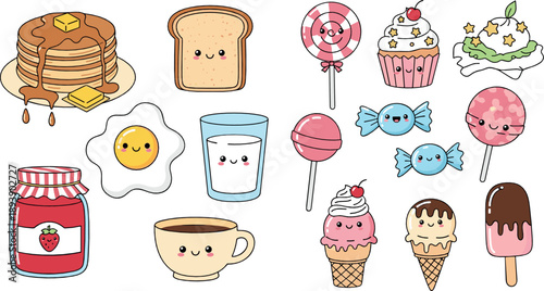 Cute sweet food character vector set with pancakes, toast, candy, cupcakes, ice cream, lollipops, jam, coffee, and kawaii dessert illustrations