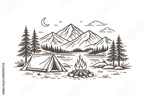 Minimalist mountain camping vector illustration in vintage line art style featuring a tent and campfire by a lake with mountains and moon in the background.