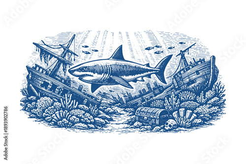 Underwater shipwreck vector illustration in vintage woodcut style featuring a large shark swimming past a sunken pirate ship and treasure chest on seabed.