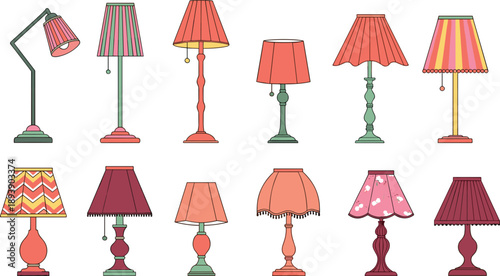 Assortment of Decorative Table and Floor Lamps with Colorful Shades Keywords: lamp, lamps, lighting, light, illumination, shade