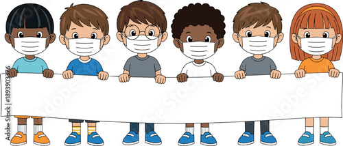 Diverse kids wearing face masks holding blank banner vector illustration for health awareness, school safety, pandemic prevention, and public message designs