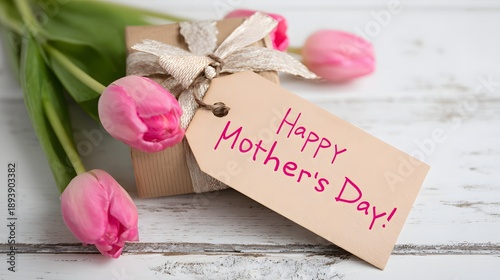 Pink tulips lie next to a craft gift box on white wood. A tag displays Happy Mother's Day text. spring floral composition concept