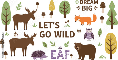 Fotografía Cute woodland animal vector set with moose, fox, bear, owl, trees, mushrooms, in