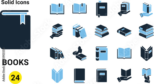 Set of 24 Professional Blue and Black Solid Book Icons Featuring Open Textbooks Stacked Literature Library Manuals Notebooks and Educational Symbols for Digital Graphic Design