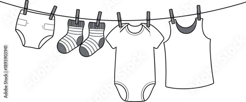 Baby Clothes Hanging on a Clothesline with Clothespins on White Background onesie socks