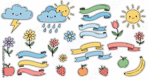 Adorable Cartoon Sticker Set Featuring Weather Elements, Colorful Flowers, Decorative Ribbons, and Fresh Fruits