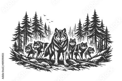 Powerful wolf pack standing in a coniferous forest vector illustration in bold black and white linocut style with dense pine tree background.