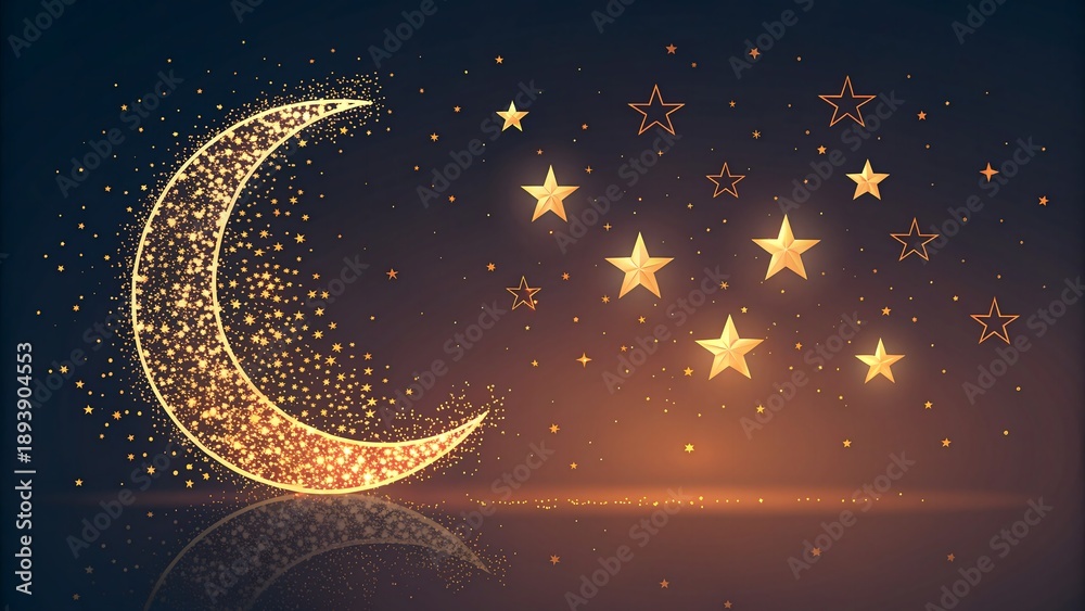 Fototapeta premium Modern digital illustration of a glowing crescent moon formed by golden orange particles with scattered stars against a dark gradient background. Ethereal cosmic art perfect for Ramadan or night theme