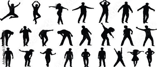 Collection, of, black, silhouettes, featuring, various, people, in, active, poses, like, jumping, dancing, stretching, and, standing, for, community, and, lifestyle.