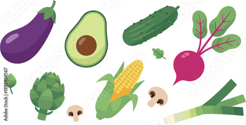 Fresh vegetable vector set with eggplant, avocado, cucumber, corn, beetroot, leek, mushrooms, and healthy organic food illustrations