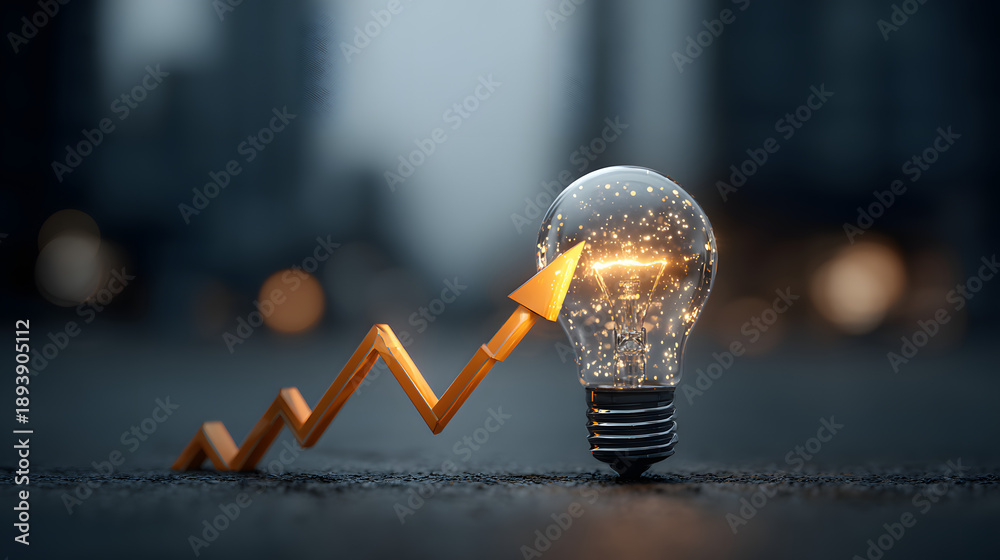 Fototapeta premium Glowing light bulb sits in front of a chart with an arrow trending upward, symbolizing innovation and success for business growth