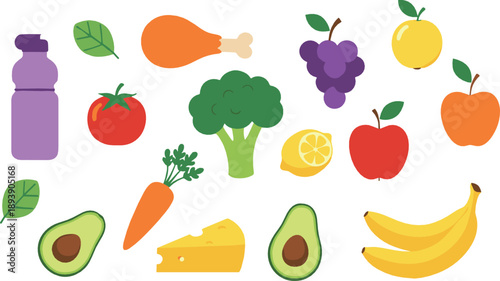 Healthy food vector set with fruits, vegetables, avocado, banana, cheese, broccoli, carrots, apples, grapes, and fresh nutrition illustrations