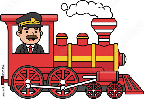 Cartoon train conductor driving a red steam engine train on white background locomotive driver