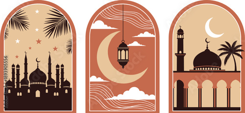 Islamic Ramadan vector set with mosque silhouettes, crescent moon, lanterns, palm trees, and elegant Middle Eastern night scene illustrations