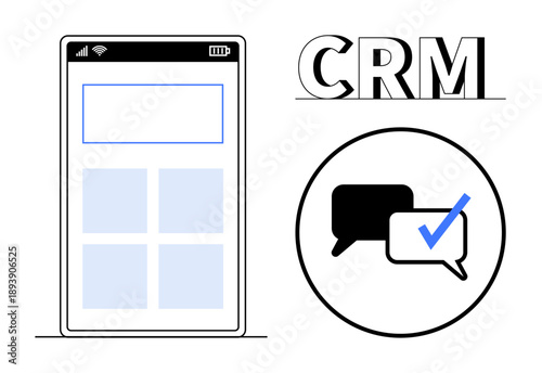 Mobile interface design alongside chat bubbles with a checkmark icon representing CRM, customer communication, and task management. Ideal for CRM tools, business apps, digital workflows, client