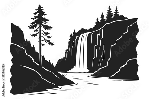 Vector silhouette landscape of waterfall between rocky cliffs, flat vector style, solid black silhouette, clean sharp edges, minimalist design, no gradient, no texture, isolated on white background