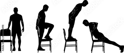Silhouette Sequence of a Person Interacting with a Chair for Exercise on White Background male

