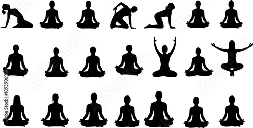 Collection of Yoga and Meditation Silhouettes on White Background pose exercise
