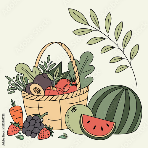 A minimalist illustration features a partial view of a vibrant red watermelon slice with black seeds set against a pale