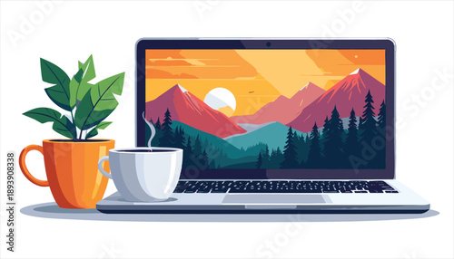 vector Laptop with Mountain Landscape on Screen and Coffee Cups
