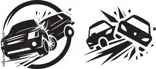 set of black silhouette car crash icons 