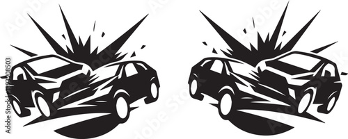 set of black silhouette car crash icons 