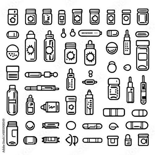 Set of Medical Pill Bottle and Capsule Line Icons