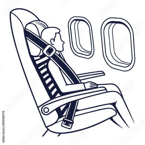Passenger securing seat belt on airplane