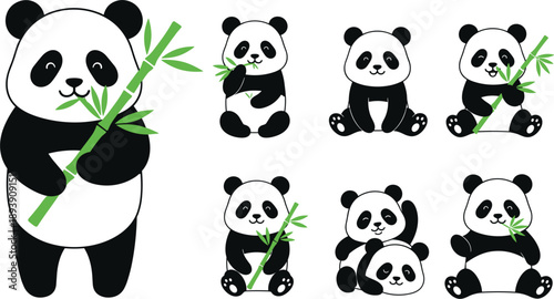 Cute Cartoon Pandas Eating Bamboo In Various Poses bear animal