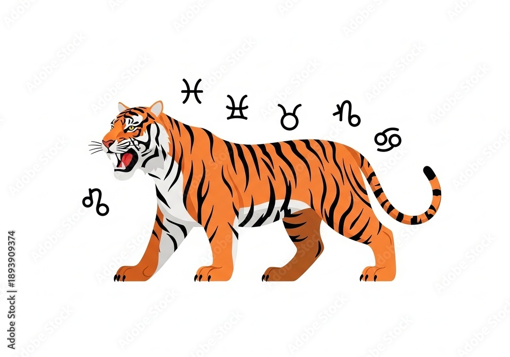 Obraz premium Flat illustration of tiger, a zodiac animal symbolizing courage and power.