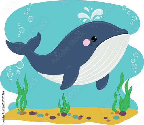 Cute Cartoon Whale Spouting Water in Blue Ocean Background