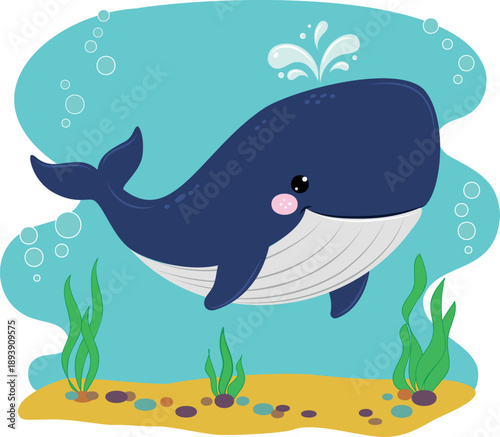 Cute Cartoon Sperm Whale Character Swimming in Deep Blue Sea