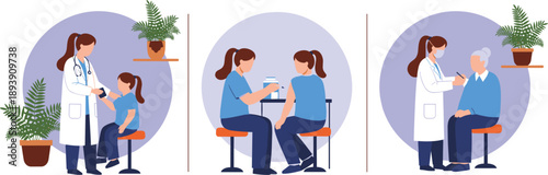 Doctor Administering Vaccine To Child And Elderly Patient In Medical Setting nurse vaccination