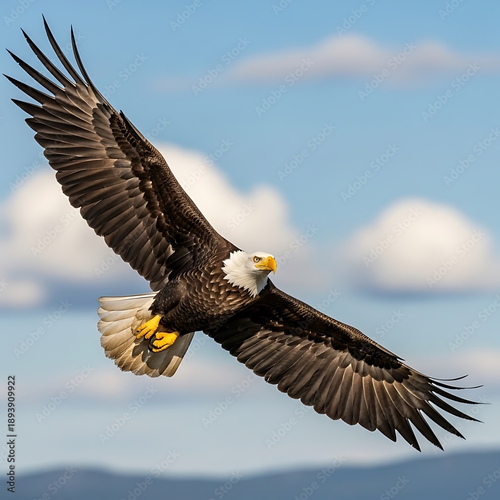 Fototapeta premium Majestic Bald Eagle Soaring Through the Sky with Open Wings.