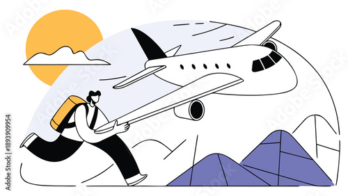 Minimalist illustration of a person running with a backpack for an exciting airplane journey isolated on transparent background, Vector