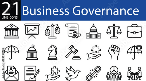 Business governance line icon set in outline style featuring corporate buildings, legal scales, financial charts, strategic chess, and teamwork meetings