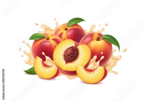 Fresh ripe peaches with leaves and splash of juice isolated on white background, healthy summer fruit for food and drink design