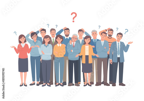 Group of confused diverse adults with question marks above heads illustrating uncertainty and doubt, ideal for business or psychological concepts