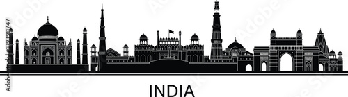 India landmark skyline silhouette featuring Taj Mahal and historic monuments, iconic national architecture panorama isolated on white background vector illustration