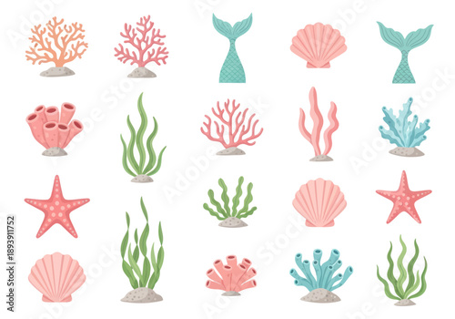 Hand-drawn marine life icons set including coral, seaweed, starfish, shells, and mermaid tails, perfect for ocean and underwater themed designs