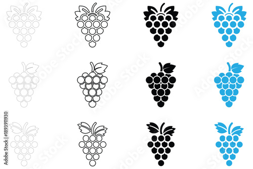 grapes cluster with leaf icon vector, grape fruits symbol vector, silhouette and line art illustration