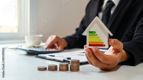 Canvas Print Businessman holding a house model with an energy efficiency rating and money coins