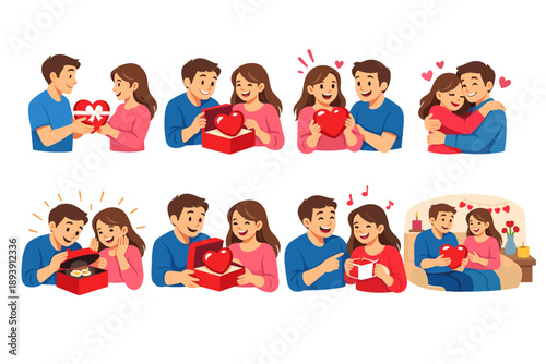 Couple exchanging gifts and showing affection illustration set