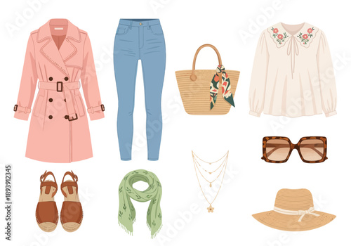 Stylish spring outfit flat lay with trench coat, jeans, floral blouse, straw bag, sandals, scarf, necklace, sunglasses, and sun hat, perfect for casual fashion