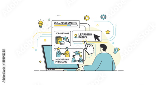 Vector illustration of a man learning online with laptop